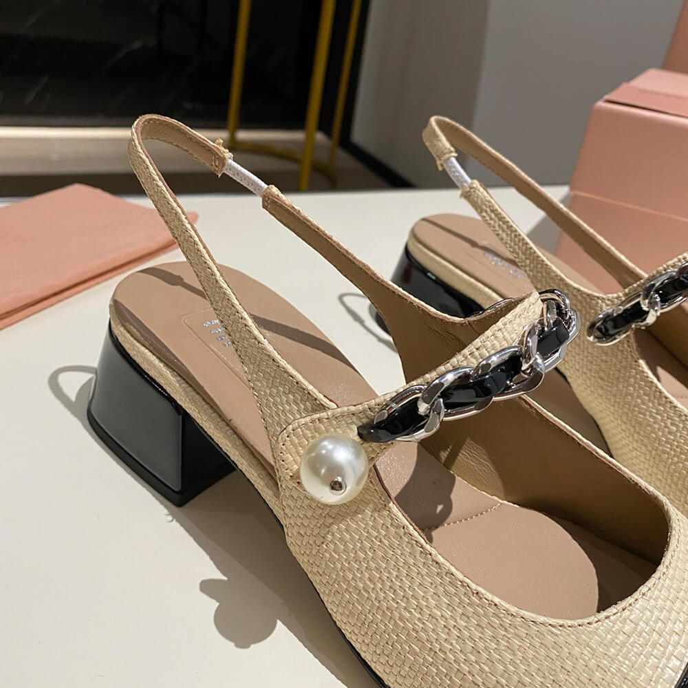 M1um1u Patent leather and raffia slingback pumps