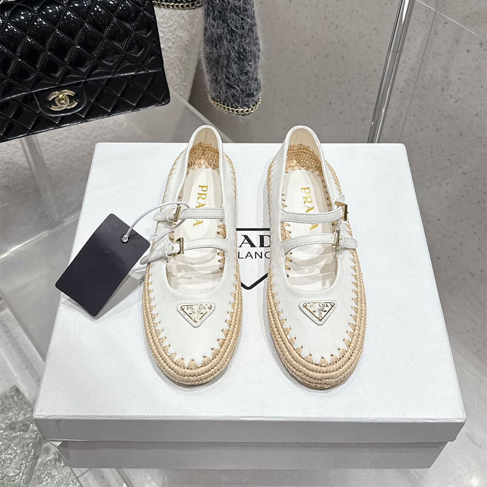 Pra*a Nappa leather and raffia ballerinas