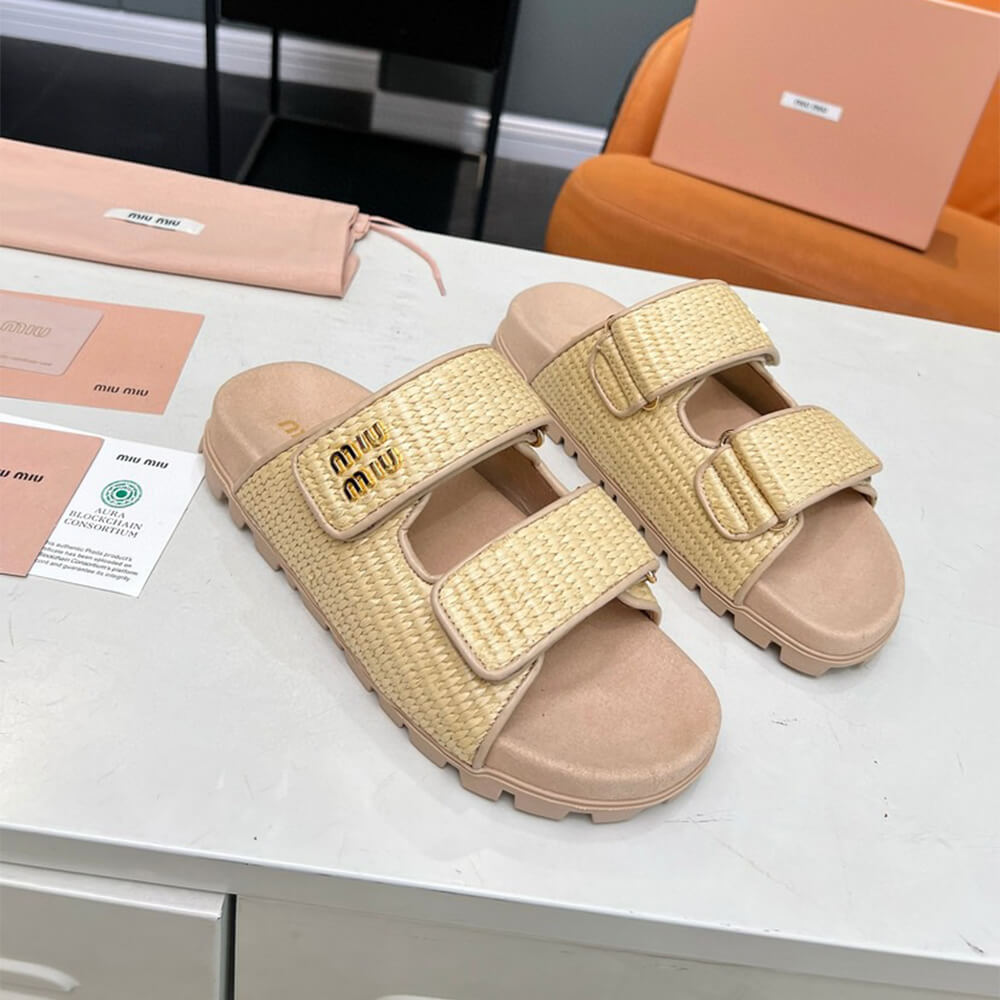 M1um1u Raffia-effect woven fabric slides