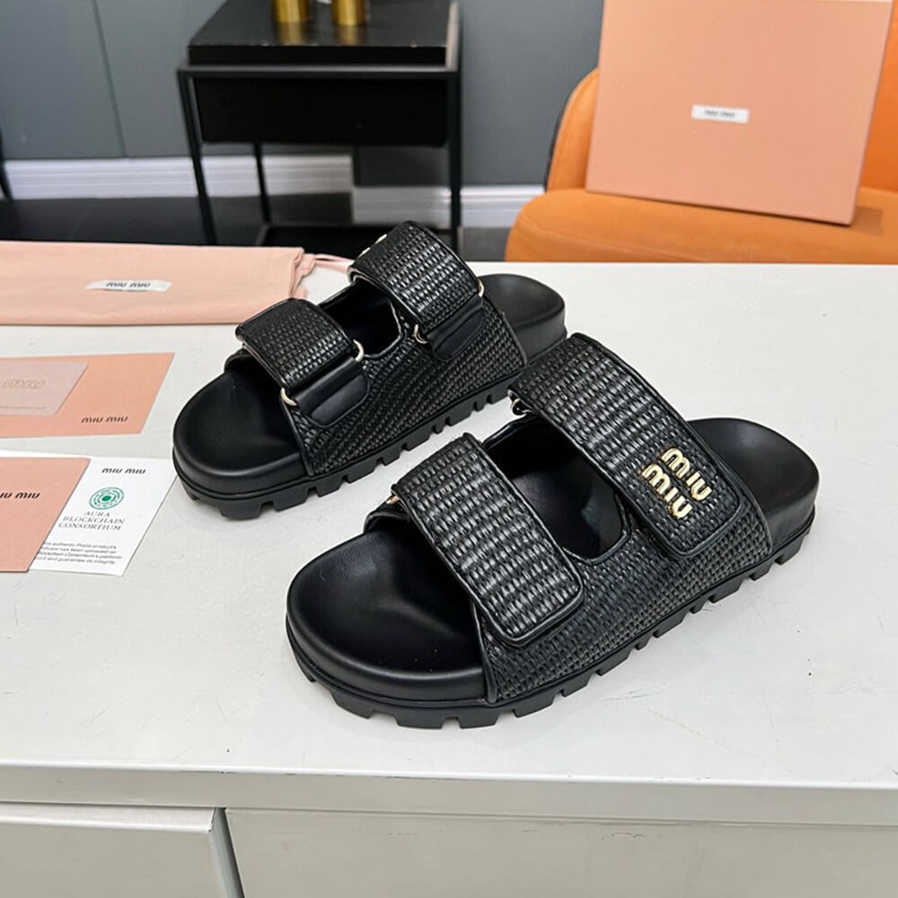 M1um1u Raffia-effect woven fabric slides