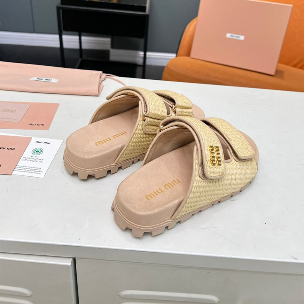 M1um1u Raffia-effect woven fabric slides