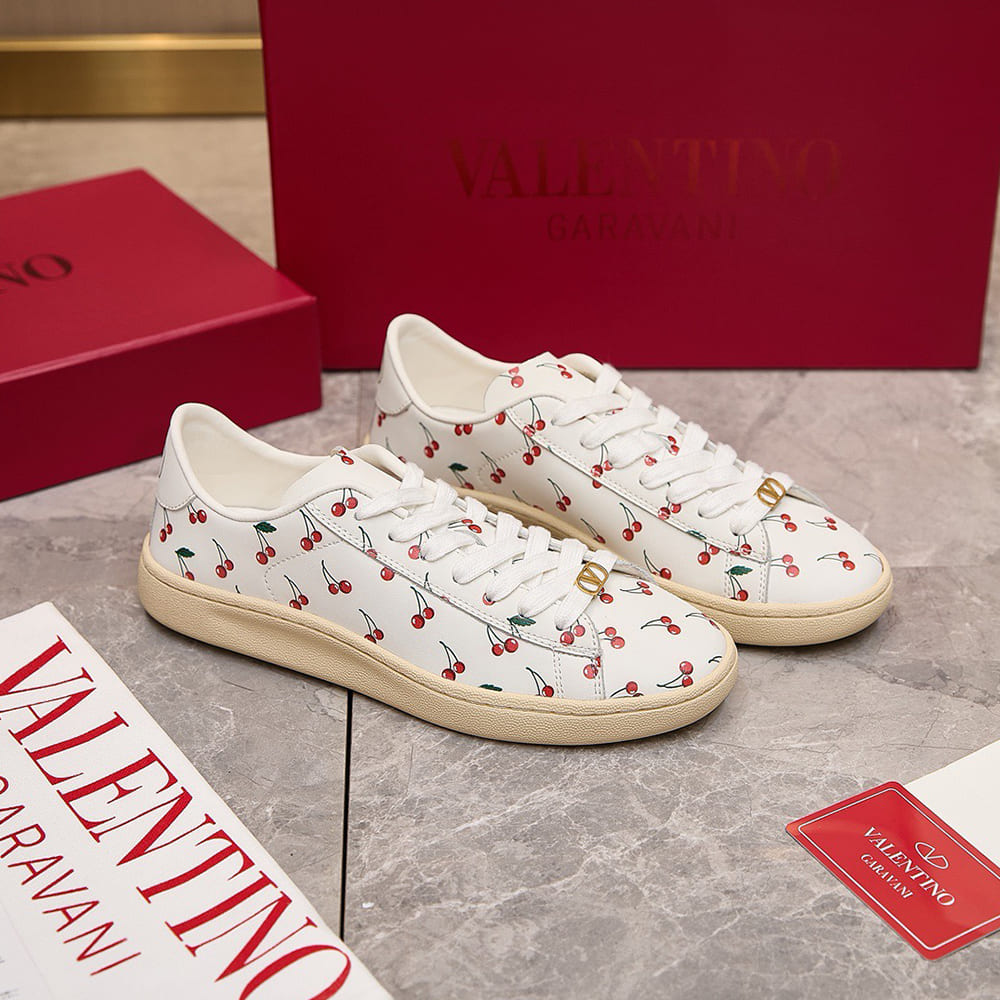 Va1e*ntin0 ROYCO Women’s Cherry Pattern Soft Calfskin Sneakers