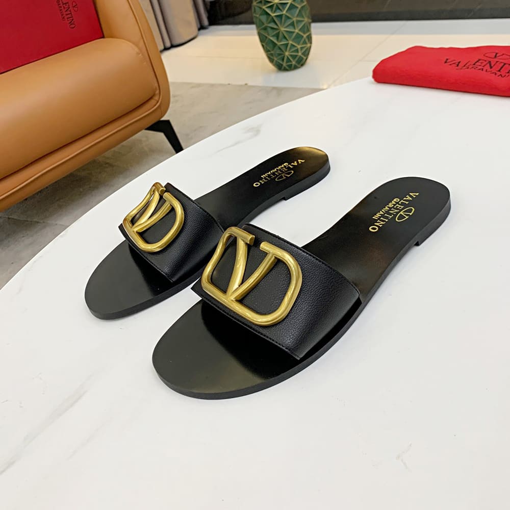 Va1e*ntin0 VLOGO SIGNATURE grained cowhide decorative elements slipper sandals (heel height 0.5 cm)